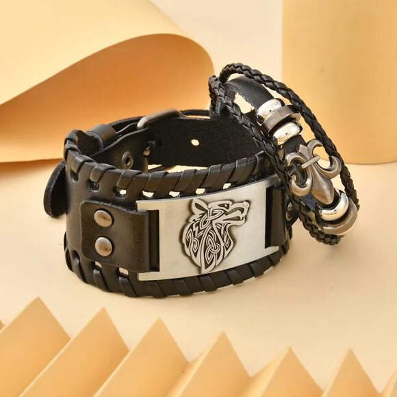 Set of 2 Genuine Leather Bracelets Dualtone Adjustable Black Original Box - Picture 4 of 15